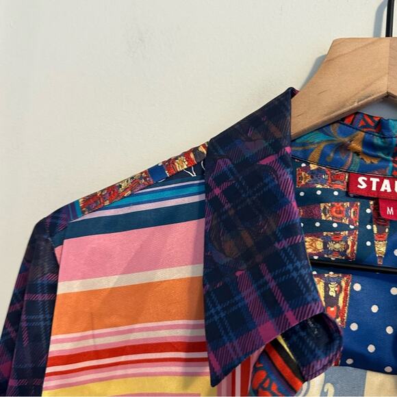 Staud Blue Red Artsy Patchwork Long Sleeve Button Front Top Blouse Medium - Picture 5 of 16